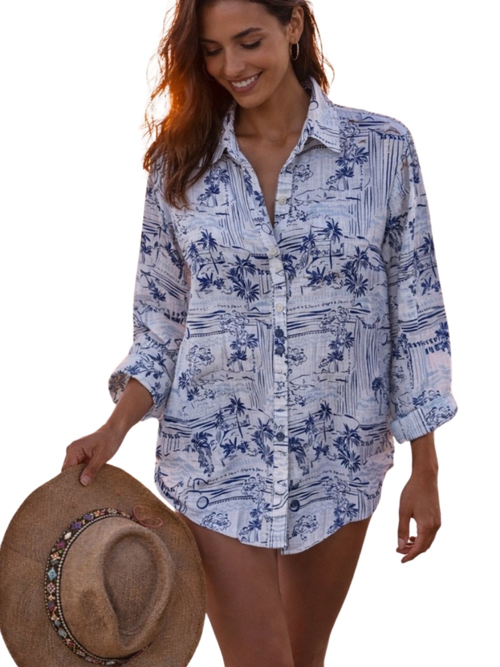 Calypso St. Barth Women’s Linen Saint Tropez Print Button Down Shirt M NWT